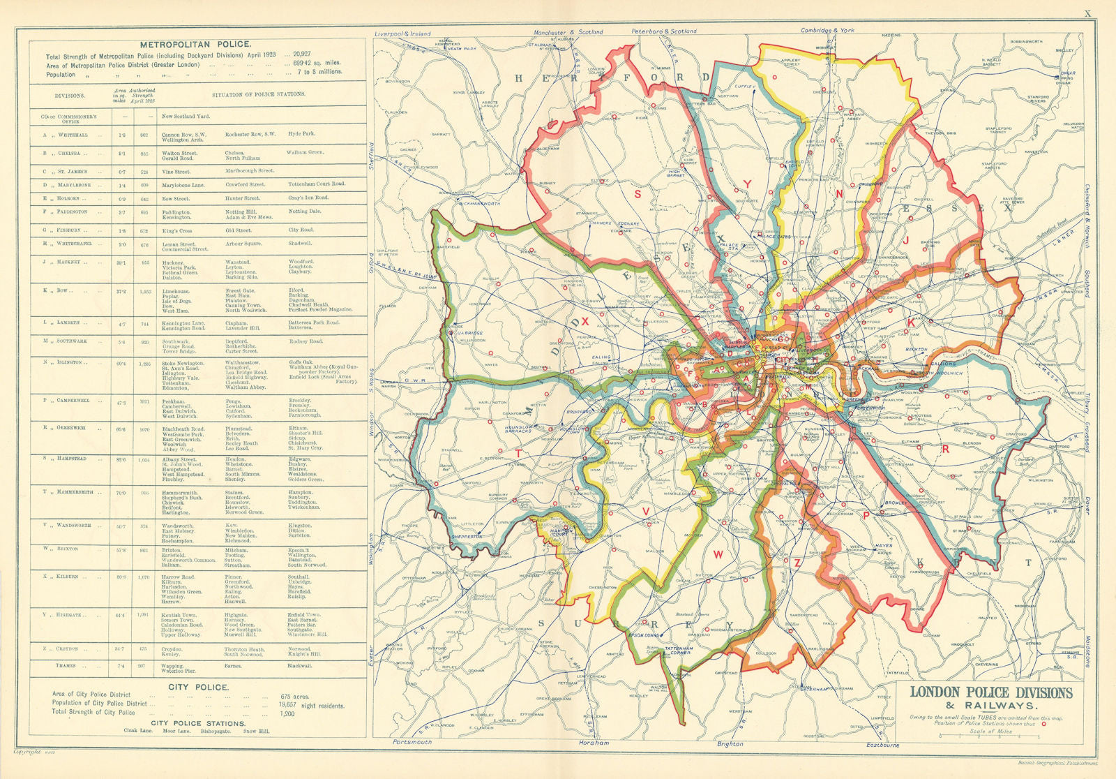 LONDON POLICE DIVISIONS & RAILWAYS showing Police stations. BACON 1923 old map